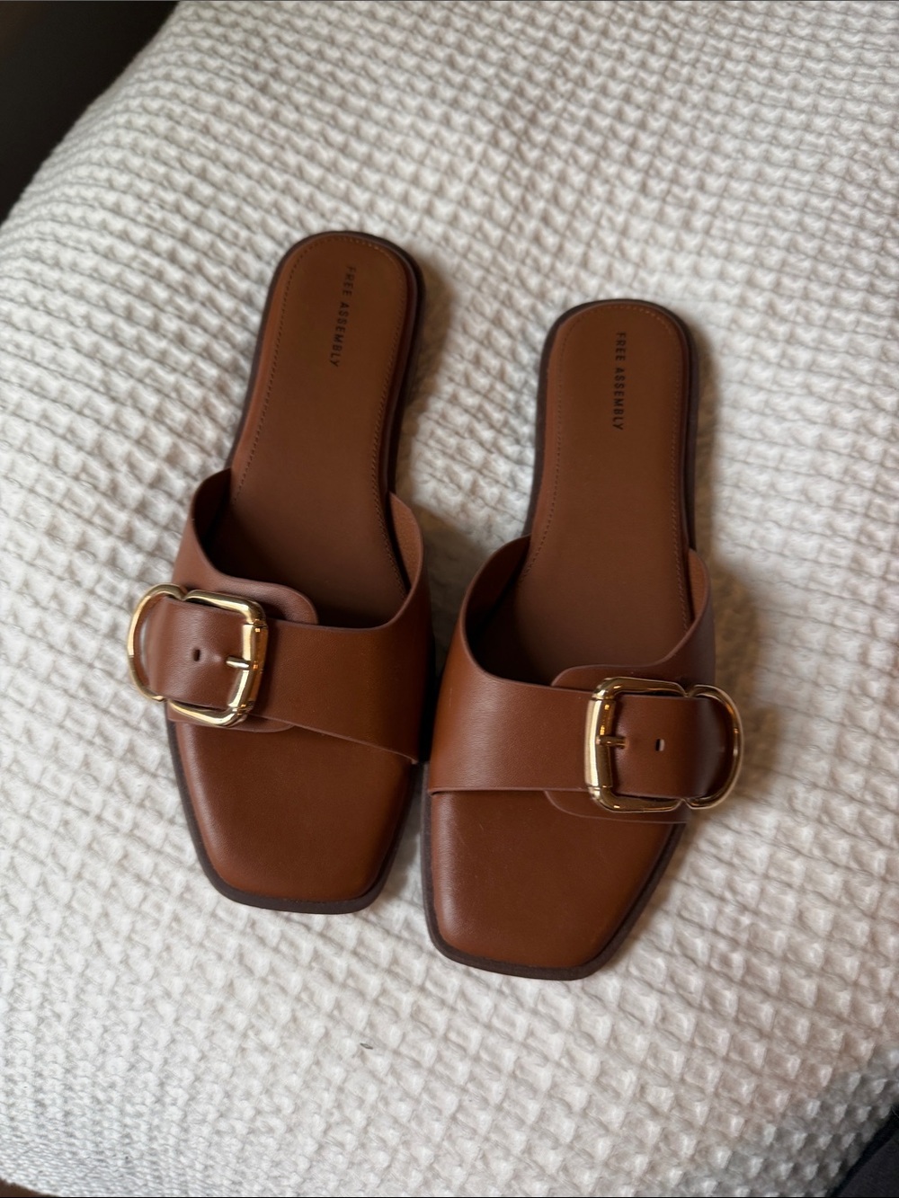 Women's Brown Leather Slide Mules with Gold Buckle